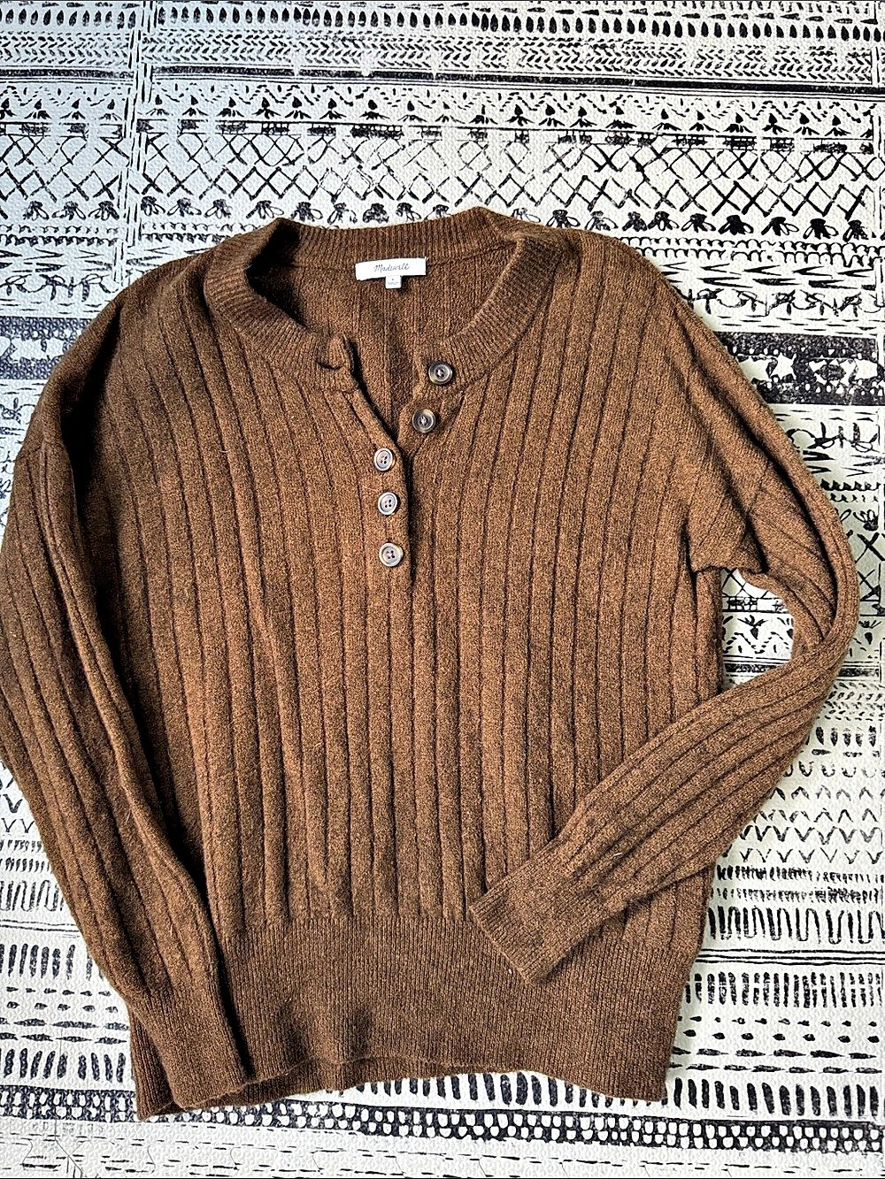 Madewell Alpaca-Blend Henley Sweater Brown Ribbed